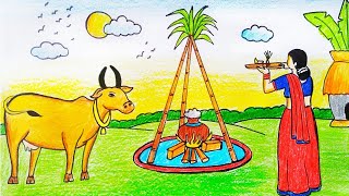 Pongal Festival DrawingHow To Draw Pongal Cow And Pot For BeginnersSankranti Drawing step by step [upl. by Daggett144]