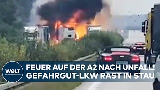 HORRORUNFALL AUF A2 LKW mit gefährlicher Ladung rast in Stauende  Explosionen möglich [upl. by Gibeon]