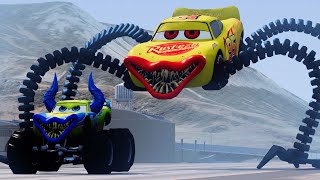 Epic battle between The Lightning Monster Truck McQueen Eater VS Snowman Eater BeamNGDrive [upl. by Solrac]