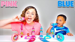 BLUE FOOD VS PINK FOOD CHALLENGE ROBOT HUBBA BUBBA GUM SOUR FIZZ POWDER SPACESHIP CANDY MUKBANG [upl. by Anais]