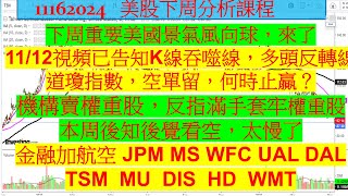 1116美股下周課程！下周重要美國景氣風向球來了，1112視頻已告知K線吞噬線，多頭反轉線道瓊指數，空單留，何時止贏？JPM MS WFC UAL DAL TSM MU DIS HD WMT [upl. by Nitsir]