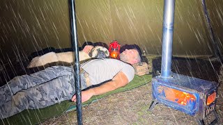 Hot Tent Rain Camping in Storm  Solo Camping in Heavy Rain and Rainstorm [upl. by Yadsendew145]