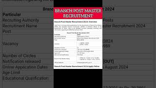 BRANCH POST MASTER RECRUITMENT CHECK ALL DETAILS AGE SALARY ETC post shorts postoffice [upl. by Dorehs]