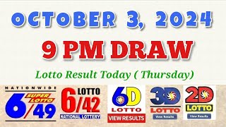 Lotto Result Today 9pm draw October 3 2024 649 642 6D Swertres Ez2 PCSO [upl. by Lissi]