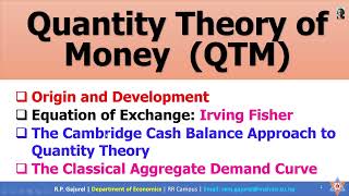 Quantity Theory of Money Equation of Exchange Fisher Cambridge Cash Balance Derivation of AD [upl. by Hessney]