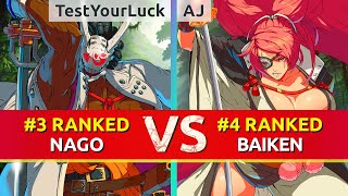 GGST ▰ TestYourLuck 3 Ranked Nagoriyuki vs AJ 4 Ranked Baiken High Level Gameplay [upl. by Boehike]