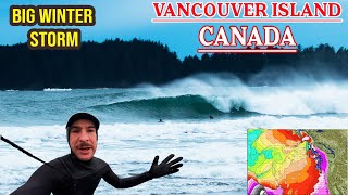 SURFING BIG CHAOTIC WINTER STORM ON VANCOUVER ISLAND CANADA RAW POV [upl. by Graner]