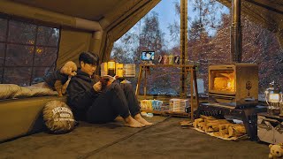 Inflatable Tent Camping with My Dog  Korean Ramen Rabokki  Wood Stove ASMR [upl. by Ambur]