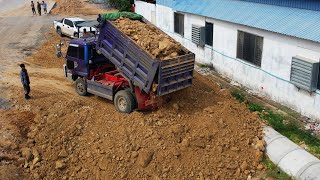 Small Bulldozer Working Pushing Dirt And Rock  Mini Dump Truck Unloading Gravel And Dirt [upl. by Aerdnak]