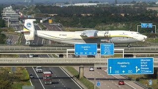 ANTONOV AN22 crossing the MOTORWAY  The biggest Propeller Plane worldwide  DEPARTURE  LANDING [upl. by Ocsirf]