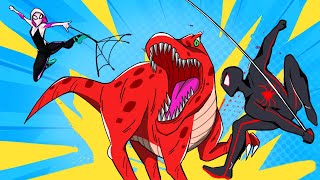 Into Spider Verse Spiderman Miles Morales vs Gwen stacy fight with TRex dinosaur rescues the city [upl. by Sands721]