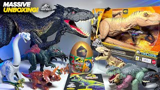 NEW JURASSIC WORLD DINOSAURS Hunt N Chomp TRex Super Colossal Indoraptor LEGO Brachiosaurus [upl. by Sakovich]