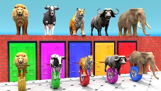 Cow Mammoth Elephant Tiger Buffalo Guess The Right Door ESCAPE ROOM CHALLENGE Animals Tire Game [upl. by Gnivri167]