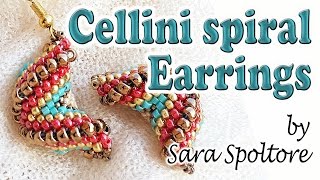 Tutorial Cellini spiral alternating zig zag  How to make earrings with beads  Peyote stitch [upl. by Eisdnil]