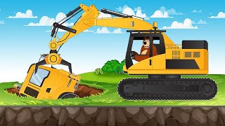 Bear Farm Repair of Sidewalk Excavator rescues Truck with Hydraulic Hammer  Vehicles Farm Animated [upl. by Yevad819]