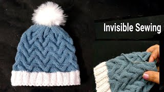 Knit HatCap Invisible SewingTwistCrossed Stitch Pattern  HindiEnglish Sub [upl. by Laitselec]