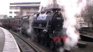 44767 George Stephenson departs Keighley Whistle and wheel slip KWVR Winter steam gala 2011 [upl. by Athene170]