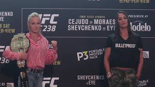 UFC 238 Media Day Valentina Shevchenko vs Jessica Eye Face Off [upl. by Nuahsyt362]