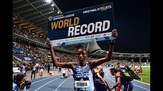 Lamecha Girma breaks world record in the mens 3000m steeplechase with a time of 75211 at Paris DL [upl. by Kifar800]