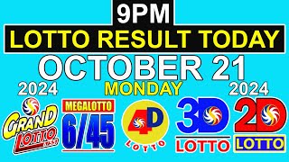 9pm Draw Lotto Result Today October 21 2024 PCSO [upl. by Enileuqaj]