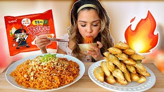 new spicy fried chicken ramen amp fried crispy dumplings 불닭볶음면 쫄볶이 먹방 mukbang [upl. by Yantruoc]