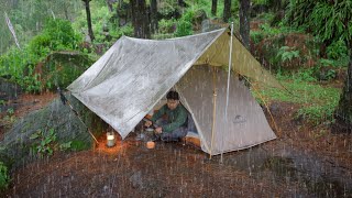 SOLO CAMPING IN HEAVY RAIN  POWERFUL RAIN IN THE FOREST AND RELAXING TENT [upl. by Kinsler]