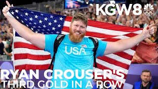 Oregons Ryan Crouser celebrates becoming threetime gold medalist [upl. by Hyacinthia]