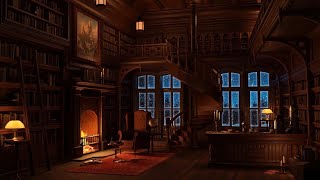 Winter Bookstore Ambience with Muffled Jazz Music Playing Slowly and Crackling Fireplace [upl. by Bili64]