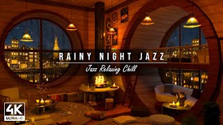 Rainy Night in Cozy Coffee Shop 4K  Ambience with Relaxing Piano Jazz Music to Relax Sleep Study [upl. by Churchill321]