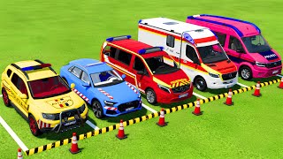 DACIA AUDI VOLKSWAGEN POLICE CARS amp MERCEDES AMBULANCE EMERGENCY VEHICLES TRANSPORTING  FS22 [upl. by Harhay]