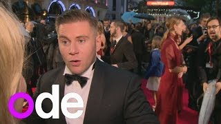 Red carpet blooper Downton Abbeys Allen Leech pops a button midinterview [upl. by Anyad]