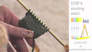 How to Knit Lesson 1 Part 4 Stocking Stitch AmericanKnittercom [upl. by Lj493]