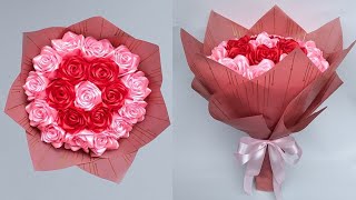 DIY  How to Make a Bouquet of Roses from Satin Ribbons Easy  Wrapping a Round Flower Bouquet [upl. by Treblih146]