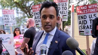 WATCH Vivek Ramaswamy makes surprise appearance at DNC and clashes with protesters [upl. by Ainer]