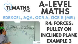 ALevel Maths R422 Forces Pulley on Inclined Plane Example 3 [upl. by Daffy]