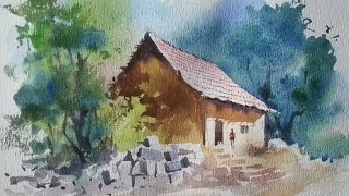 watercolor painting drawing of a house in few minutes [upl. by Yrok]