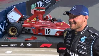 Bottas reacts to Charles Leclerc crashing Niki Laudas Ferrari at Monacomonacogpmonacorace [upl. by Dolan392]