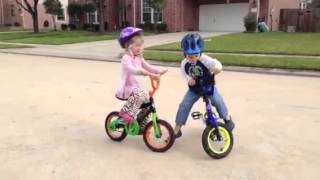 4year old twins riding bikes without training wheels  CRASH [upl. by Lleksah391]