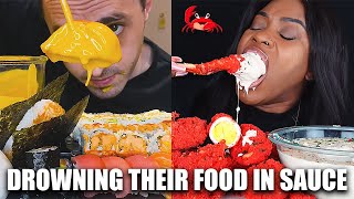 MUKBANGERS DROWNING THEIR FOOD IN SAUCE compilation [upl. by Aihsenyt]