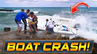 WARNING BOAT CRASHES INTO JETTY AT BOCA INLET   HAULOVER INLET  WAVY BOATS [upl. by Efinnej]