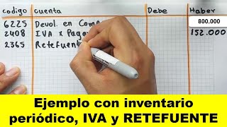 Contabilización Devolución en COMPRA con sistema de Inventarios Periódico con IVA y RETEFUENTE [upl. by Swerdna]