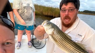 Family evening of fishing for striped bass puppy drum on the Chesapeake bay in the pocomoke sound [upl. by Namyl]