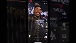 Mookie betts with the championship trophy [upl. by Hales]