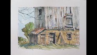 How to paint a weathered barn barnboard and wood Line and wash watercolor Peter Sheeler [upl. by Eiramalegna298]