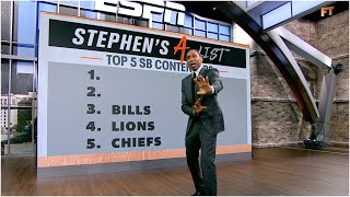 📚 FLUID TO FACTUAL 📚 Stephen’s ALIST Top 5 Super Bowl contenders 🏈  First Take [upl. by Ahsienal926]