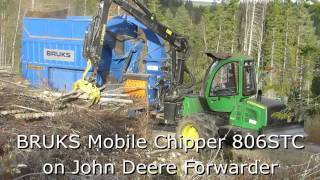 Bruks Mobile Chipper 806 STC on JD Forwarder [upl. by Idnerb702]