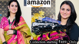 Festive Special Amazon Kurta set Saree amp Jewellery Haul Satin Silk Saree Ready to wear saree [upl. by Hayidan]