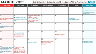 March 2025 Calendar with Holidays and Observances All calendar march holiday [upl. by Eenaffit831]