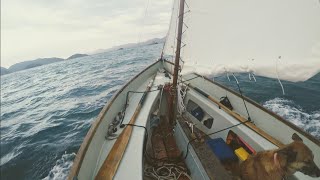 Singlehanding Drascombe Lugger Heavingto and shaking a reef [upl. by Enelehcim]