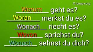 A1 A2 B1 B2 Übungen Fragewörter Fragen wozu womit wovon wovor woran worum worüber wofür [upl. by Nottap]